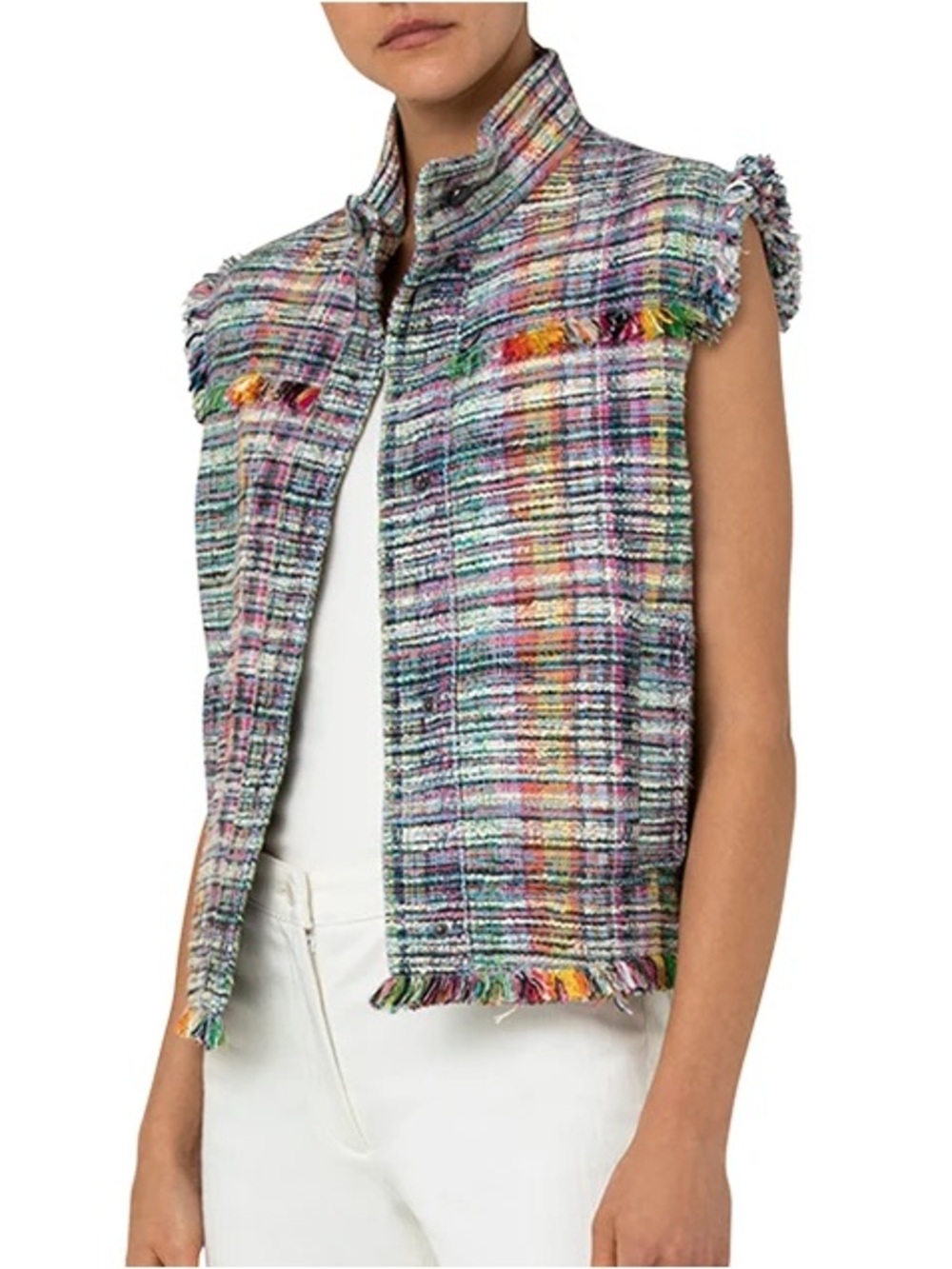 Multicolor Tweed Boucle Sleeveless Jacket Vest